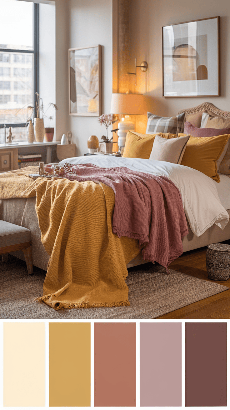 A cozy bedroom featuring yellow and mauve throws draped over a bed with soft pillows.