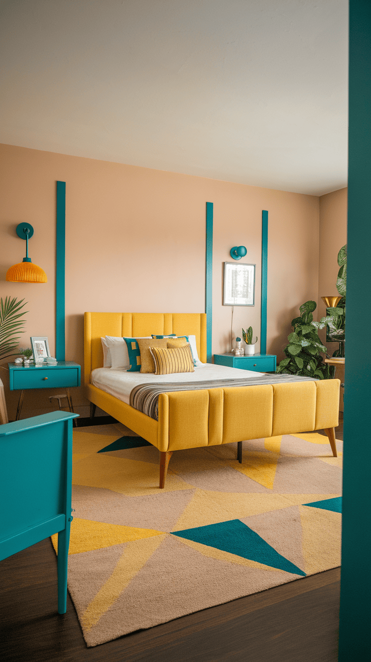 Bright yellow mid-century bedroom with teal accents and a geometric rug.