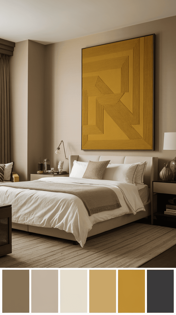 A masculine yellow bedroom featuring a large yellow artwork above the bed, complemented by neutral tones and textures.