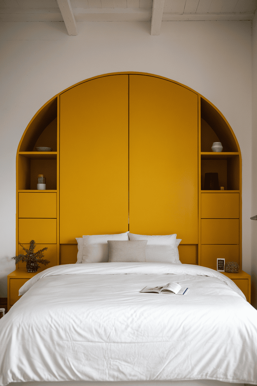 A minimalist bedroom featuring a bright yellow headboard with shelves, white bedding, and a modern design.