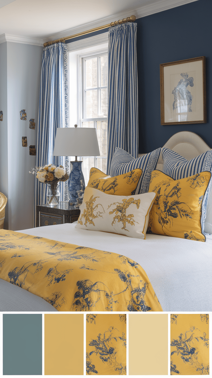 A beautifully decorated bedroom featuring yellow chinoiserie decorative pillows.