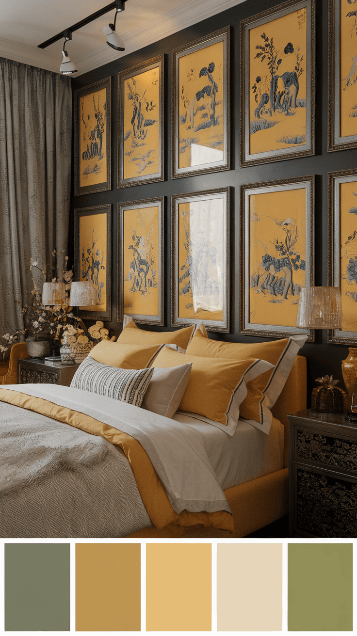 A yellow chinoiserie gallery wall in a cozy bedroom with decorative elements and a warm color palette.