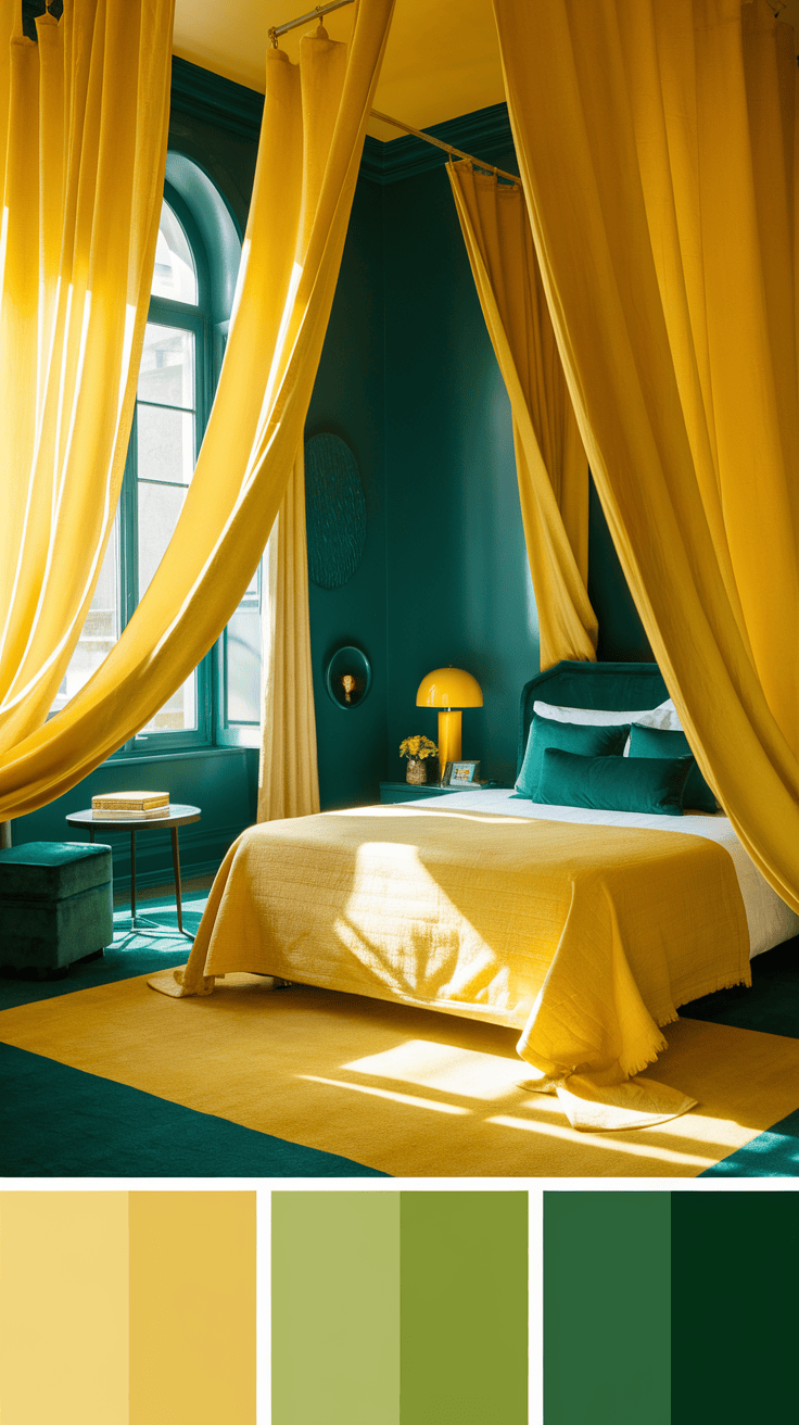 An emerald and yellow bedroom with bright yellow curtains draping the windows.