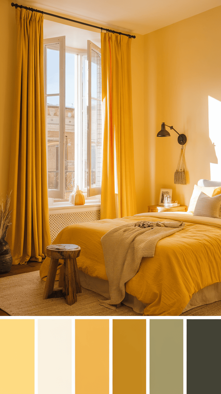 A bright bedroom with yellow curtains, yellow walls, and warm decor.