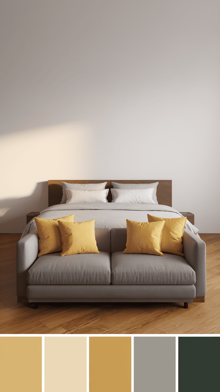 A cozy living room with yellow decorative pillows on a gray sofa in front of a bed.