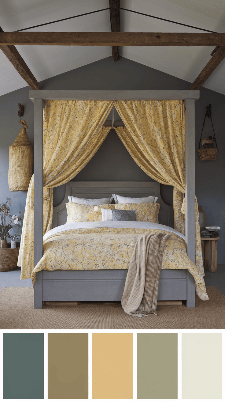 A cozy yellow and grey farmhouse bedroom with floral patterns on the bedding