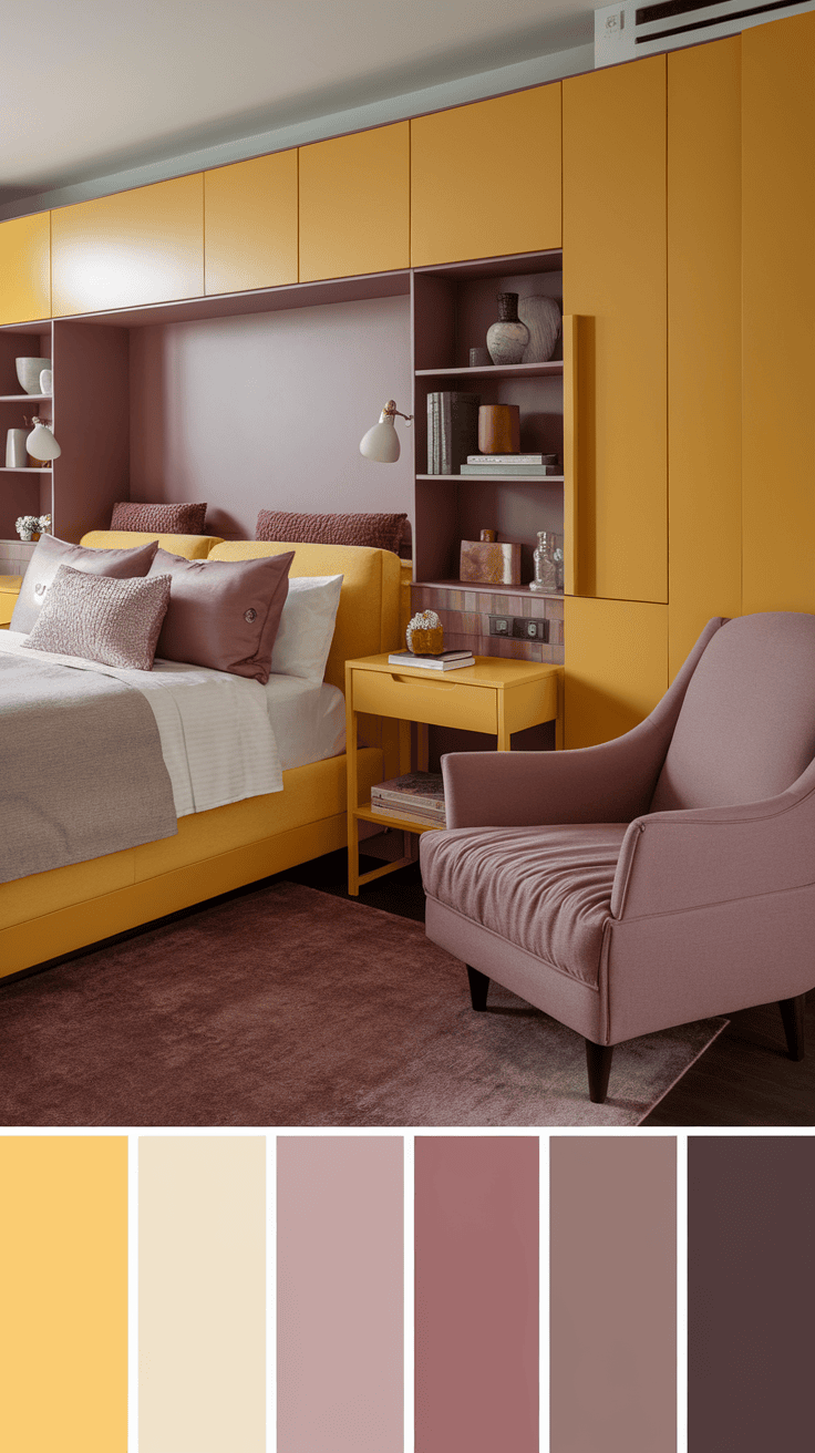 A cozy bedroom featuring yellow furniture accents, complemented by soft pastel colors.