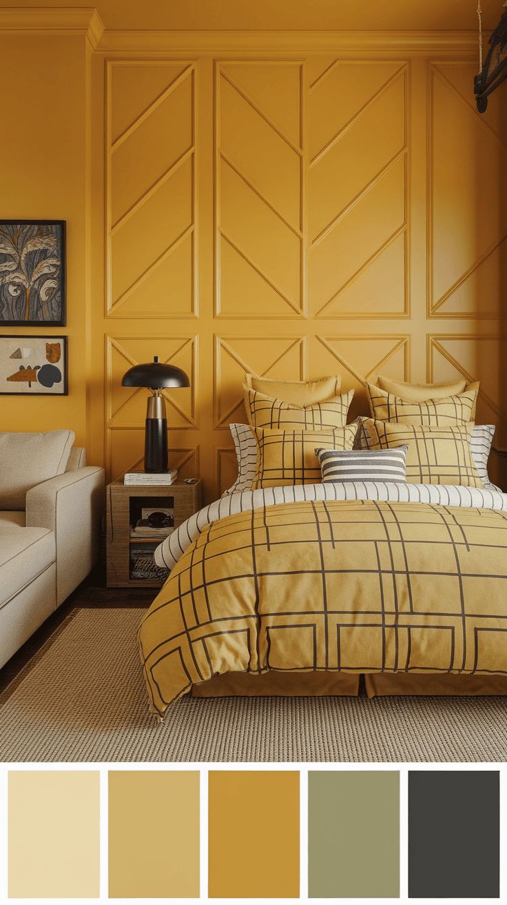 A cozy masculine yellow bedroom featuring geometric patterns on bedding and walls.