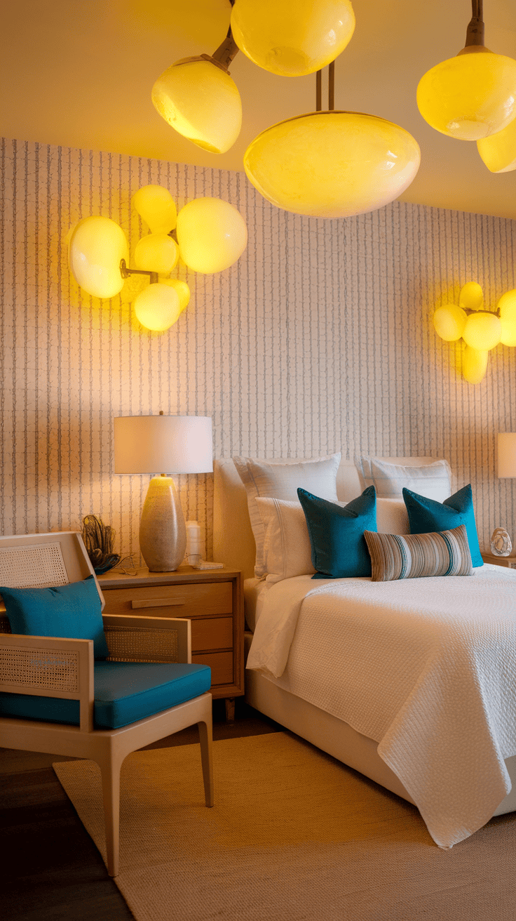 A stylish bedroom featuring yellow lighting fixtures on the ceiling, creating a warm and inviting atmosphere.