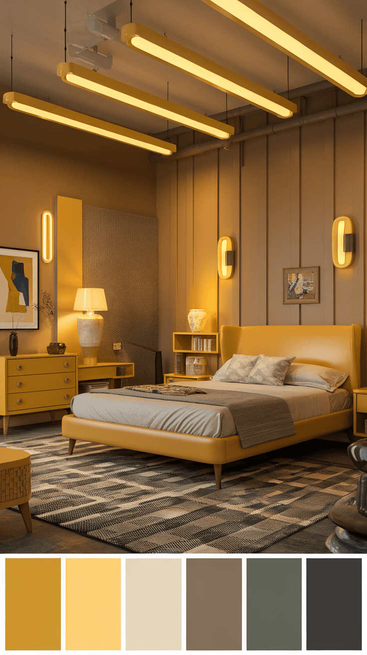 Mid-century style yellow lighting fixtures in a stylish bedroom