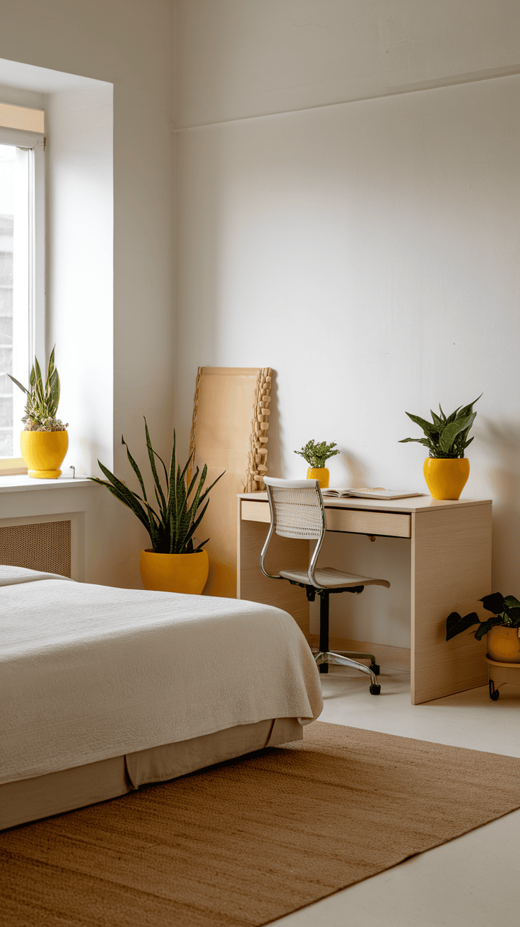 A bright room featuring a bed, a desk with a chair, and various yellow potted plants next to green plants.