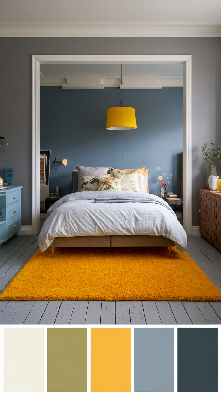 Cozy bedroom with a yellow rug on gray wooden floors, featuring a blue wall and warm accents.