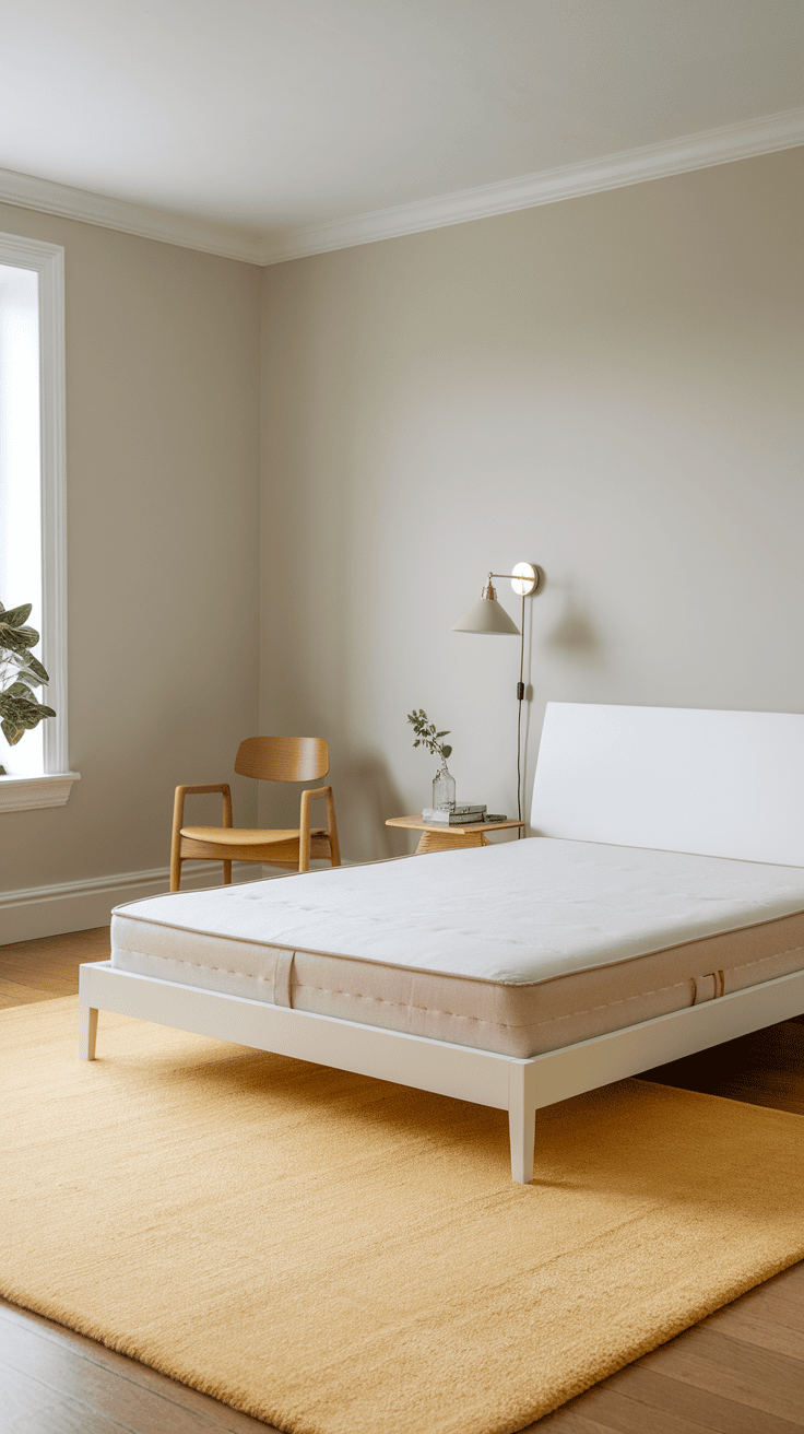 A cozy bedroom featuring a soft yellow rug, a bed with gray linens, and green plants.