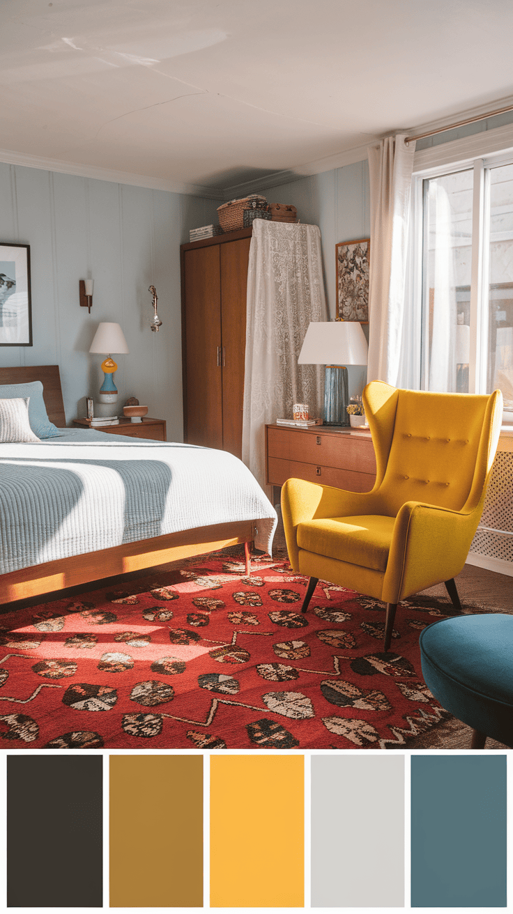 A cozy and stylish mid-century bedroom featuring a vibrant yellow statement chair.