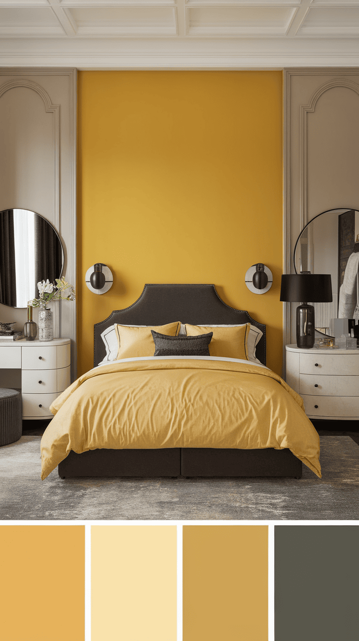 A cozy bedroom featuring a bright yellow statement wall with matching bedding and modern decor.