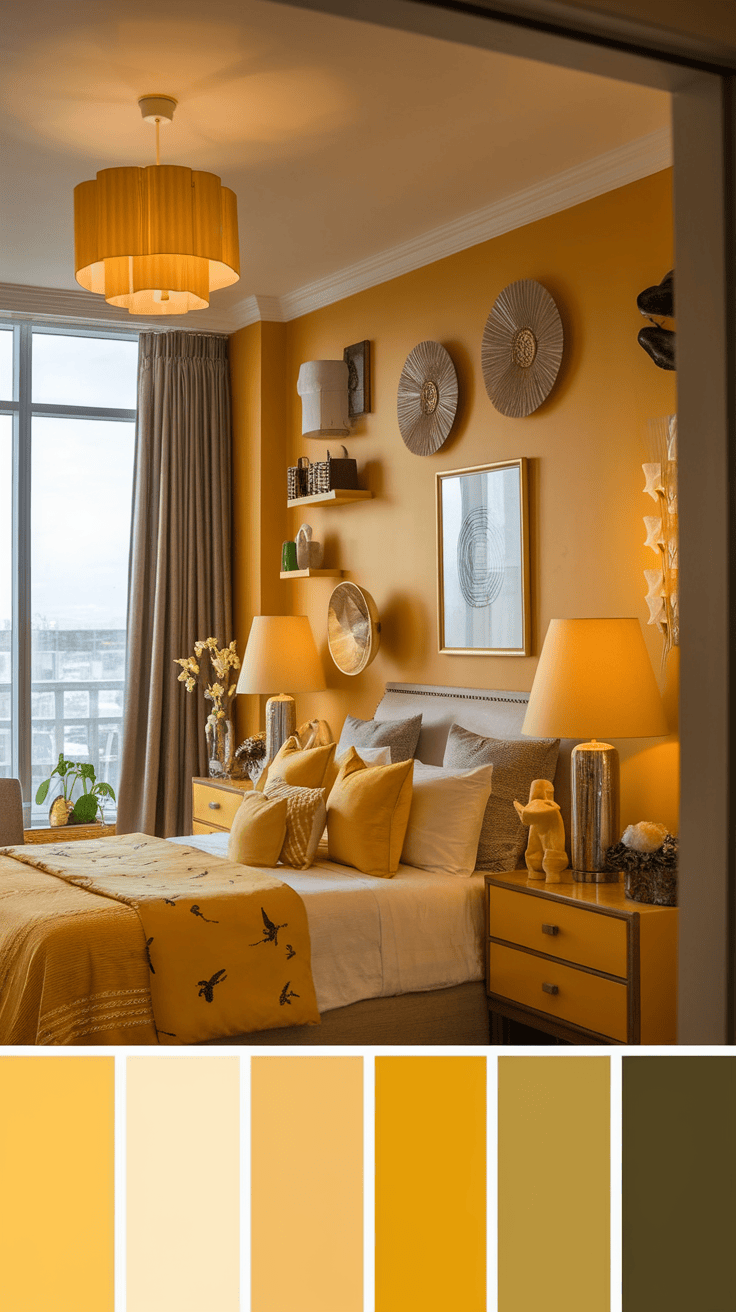 A yellow-themed bedroom with bright decor and cozy accessories.