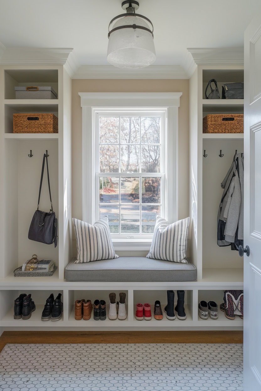 Mudroom entryway featuring a window seat with cushions, shelves for storage, and a view outside.