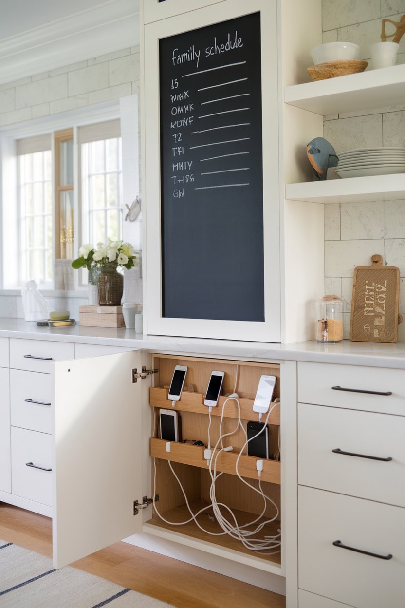 Modern mudroom cabinetry with hidden charging stations for electronic devices.