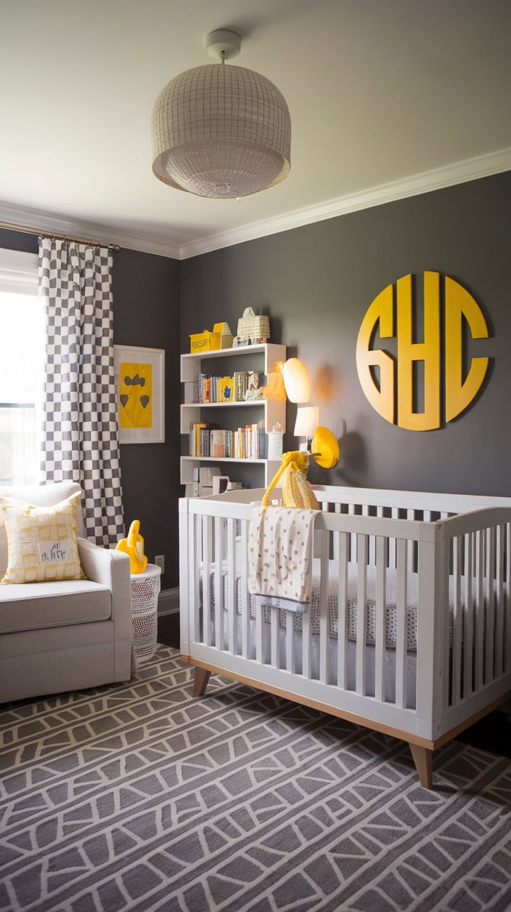 A stylish yellow and grey nursery featuring a monogram on the wall, a crib, and soft furnishings.