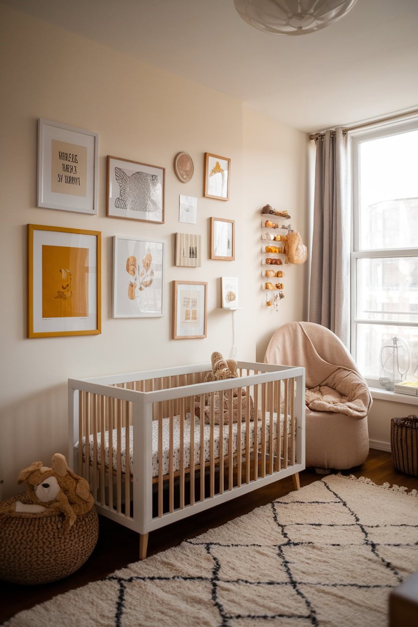 A cozy nursery featuring mustard yellow artwork on the wall, a white crib, and a comfy chair.