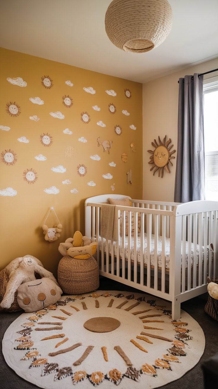 A cozy nursery with playful wall decals of suns and clouds on a yellow wall, featuring a crib and soft decor.