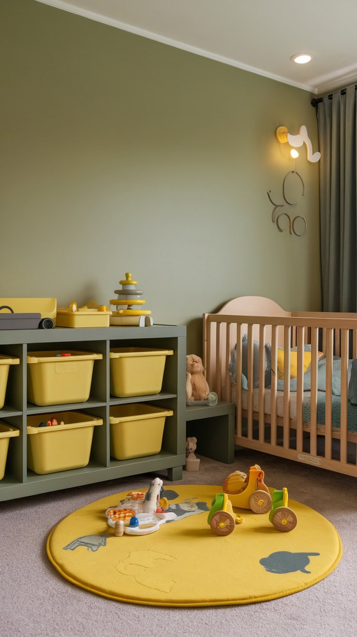 A nursery featuring sage green walls and yellow toy storage bins.