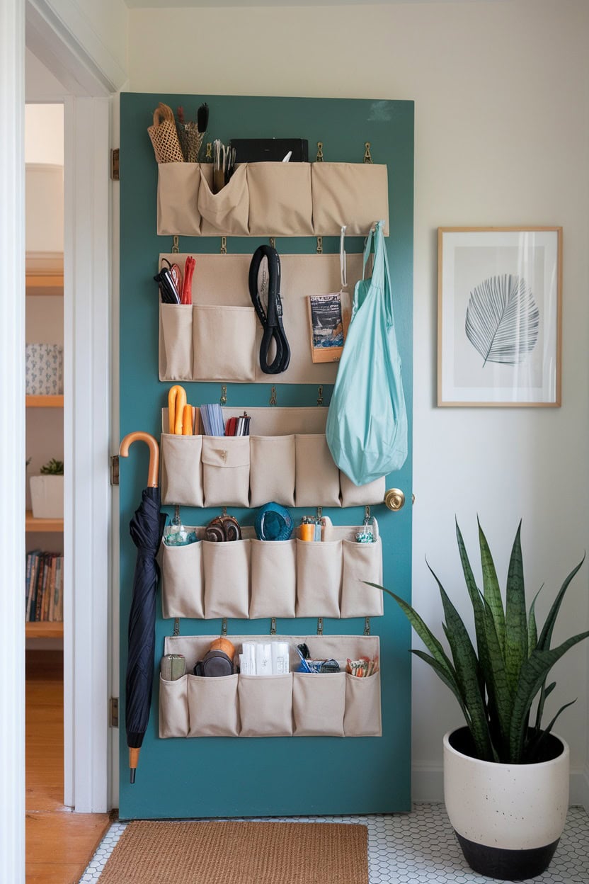 A colorful door with multiple fabric storage pockets, holding various items like umbrellas, bags, and tools.