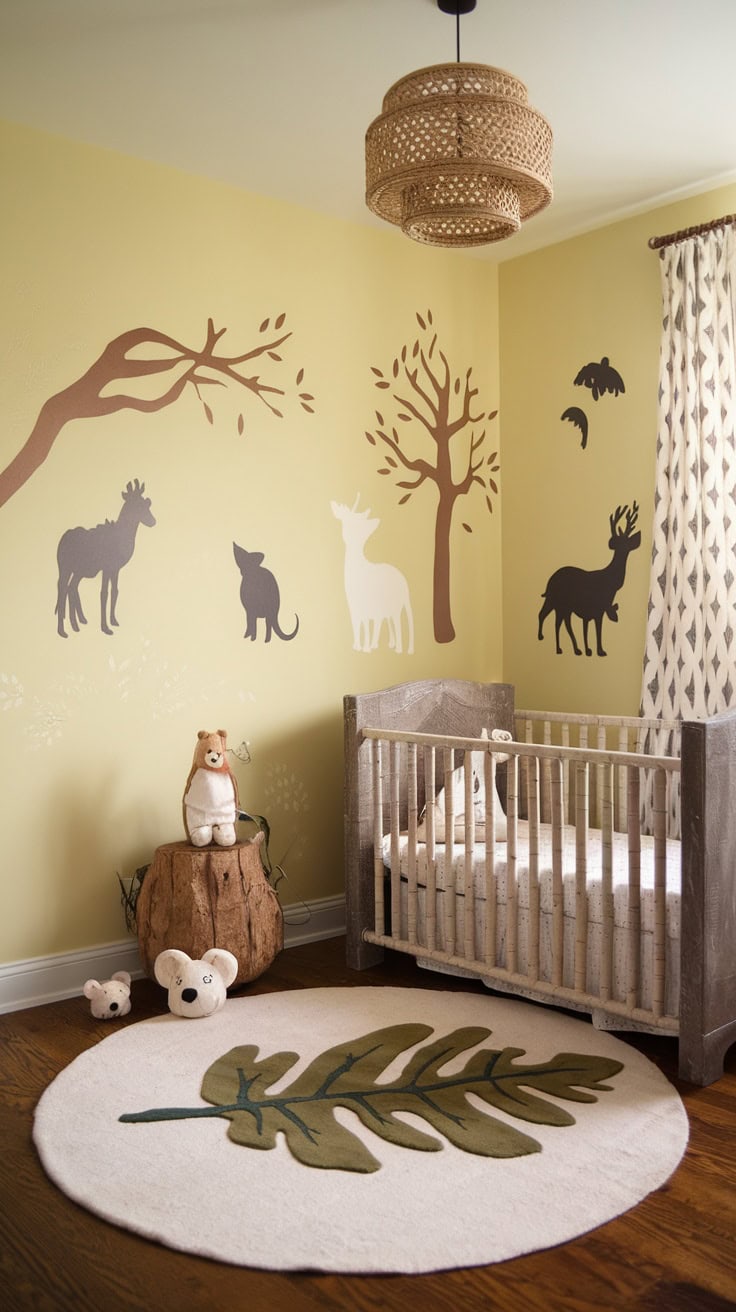 Woodland themed nursery with pastel yellow walls, animal wall decals, and natural decor elements.