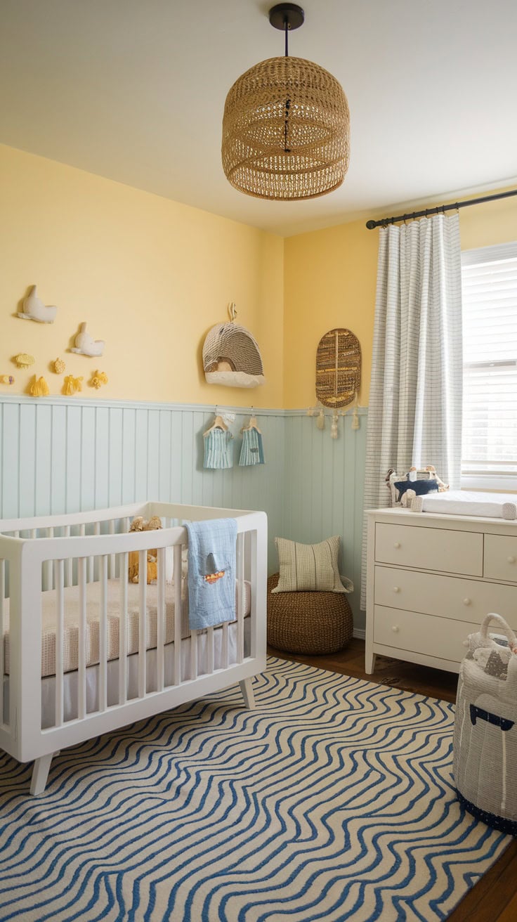 Pastel yellow nursery with coastal decor, featuring a crib, dresser, and textured elements.