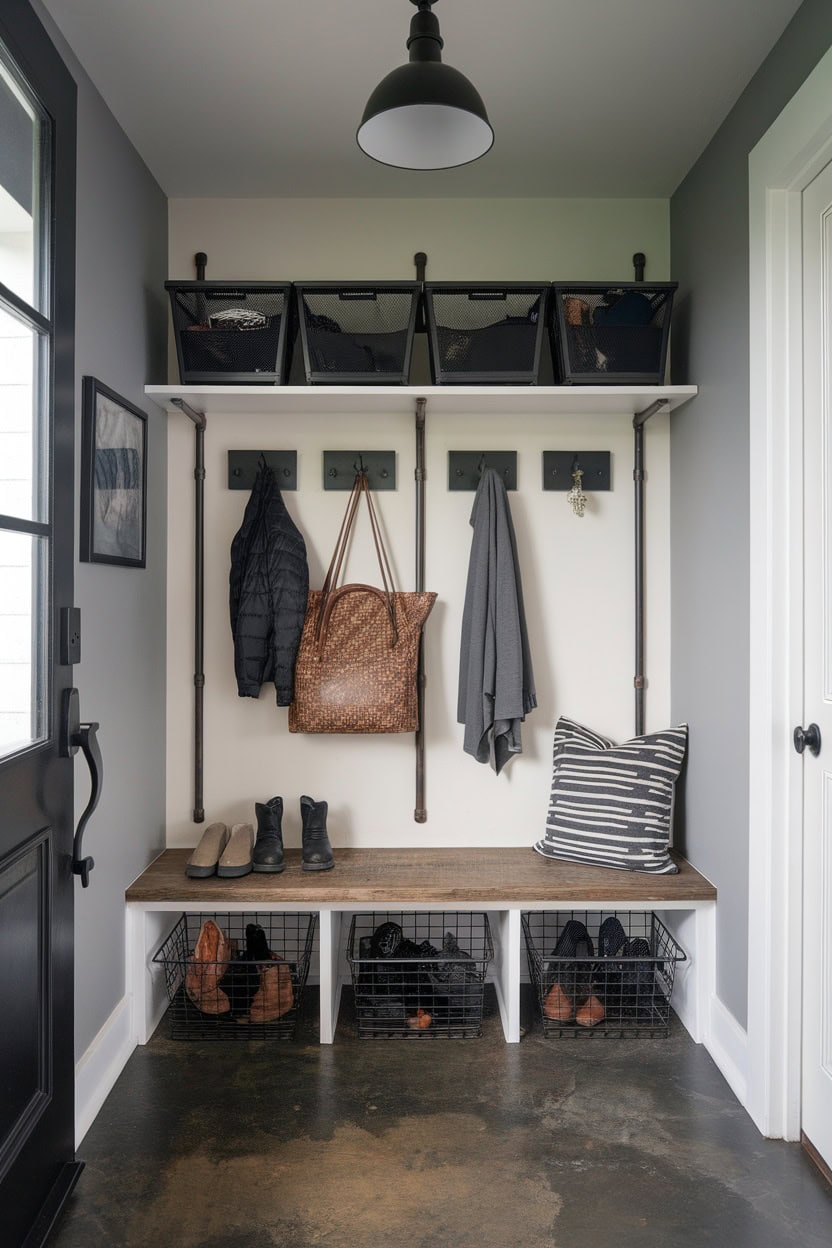 A stylish mudroom entryway featuring a wooden bench, metal pipes, and storage baskets.