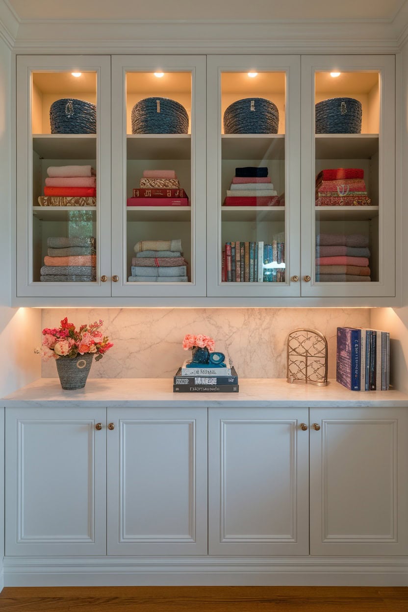 Mudroom cabinets with glass fronts displaying colorful baskets and neatly folded towels.