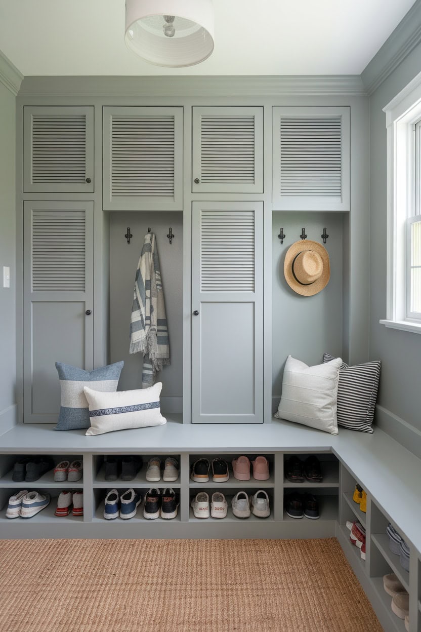 Mudroom lockers with louvered doors and a cozy seating area.