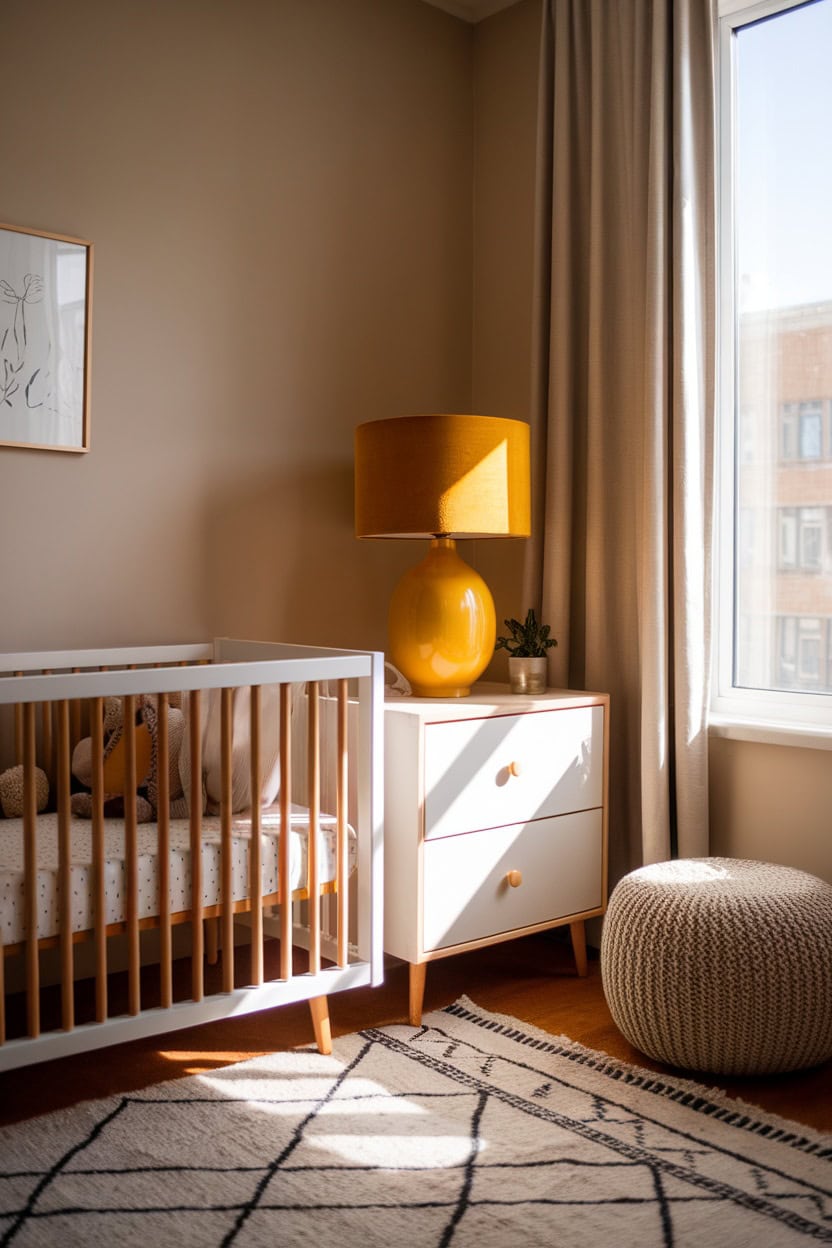 A cozy nursery featuring a mustard yellow lampshade, crib, and light decor.