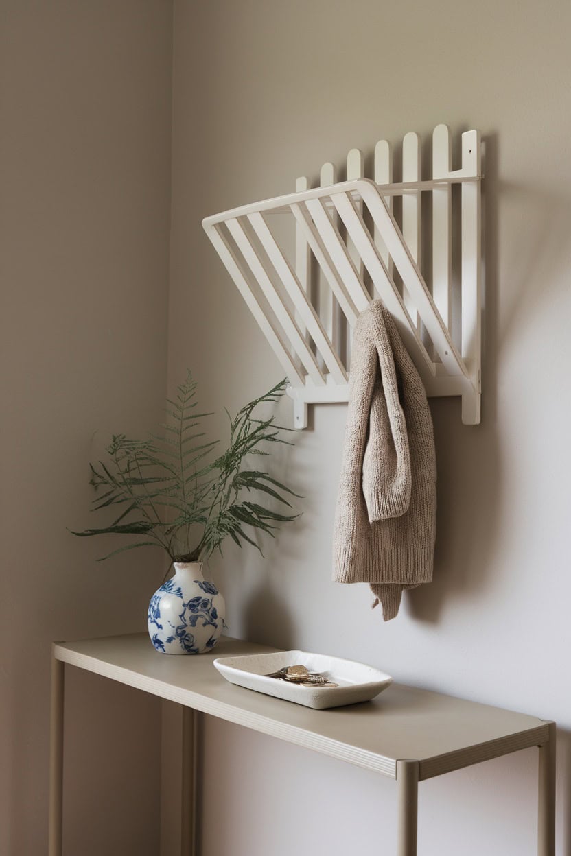 Scandinavian mudroom featuring a wall-mounted drying rack with a sweater, a decorative vase, and a simple shelf.