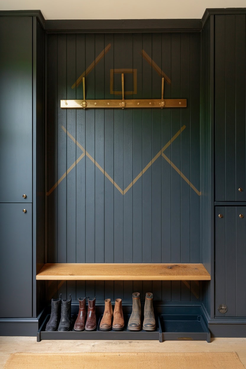 Tiny mudroom featuring a fold-down wall bench with dark blue walls and a shelf above.