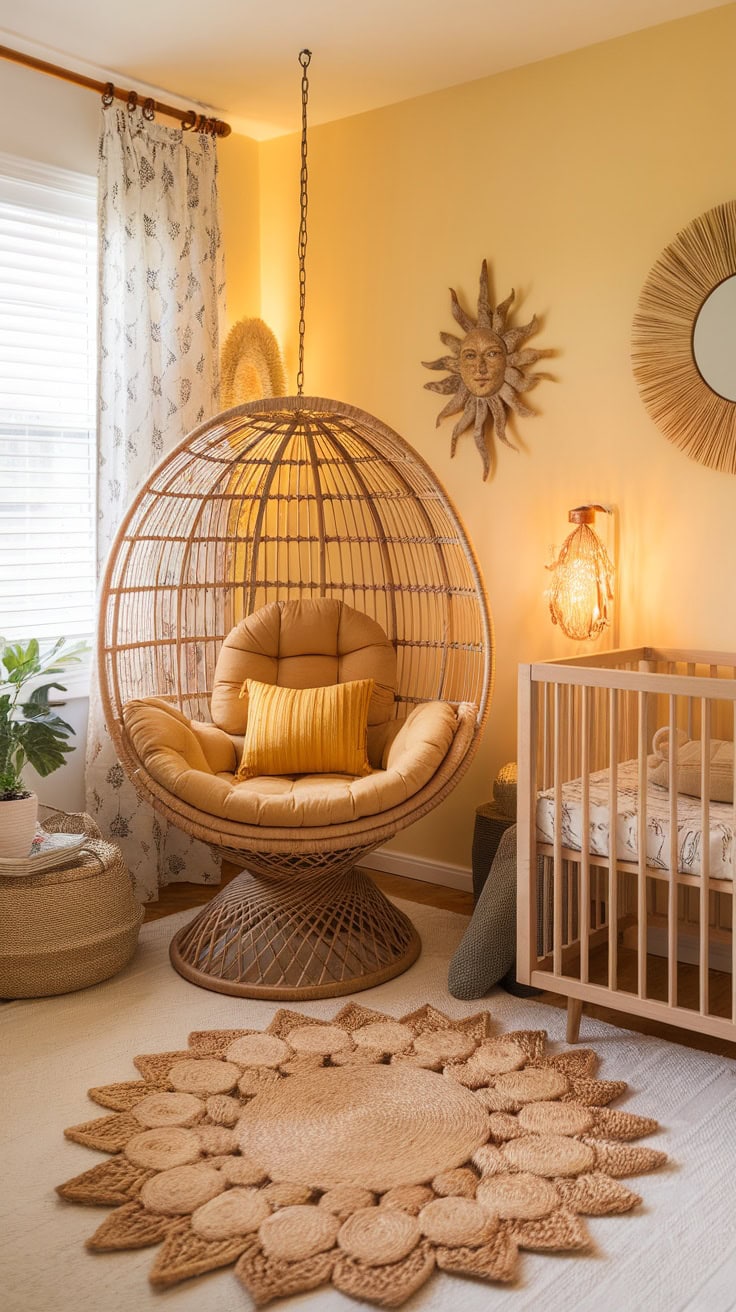 A cozy nursery featuring a hanging wicker chair with soft cushions, warm lighting, and a crib.