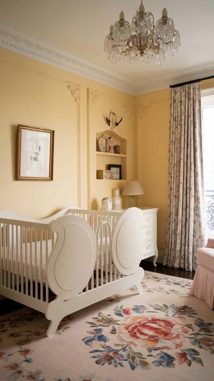 A beautifully decorated nursery featuring pastel yellow walls, a white crib, floral rug, and elegant decor.