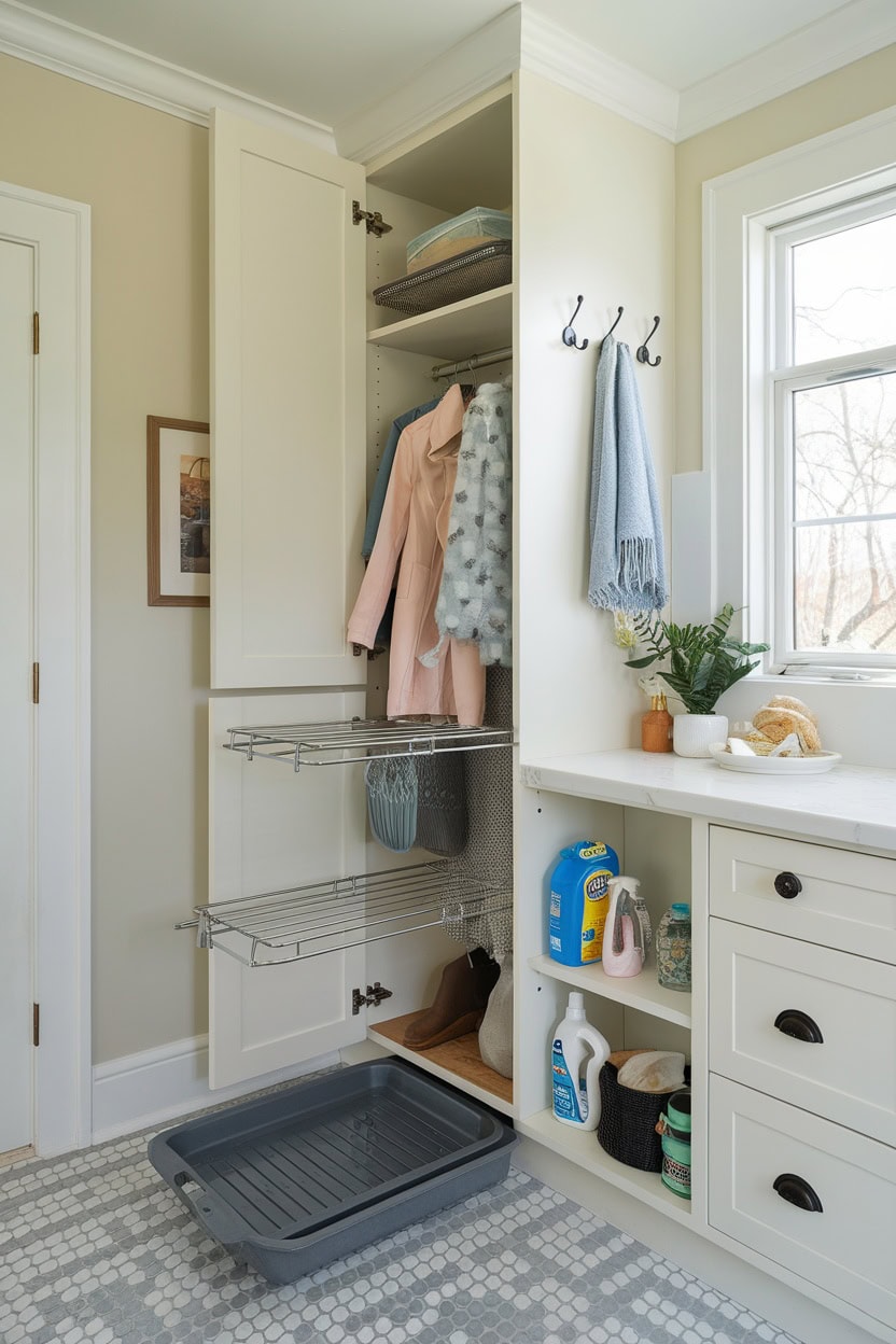 Mudroom cabinet featuring integrated drying racks and organized storage.