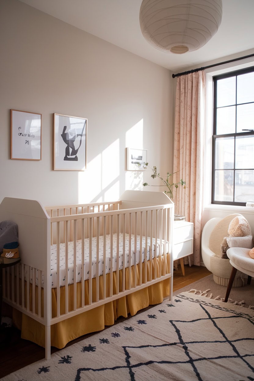 A stylish nursery featuring a mustard yellow crib skirt.