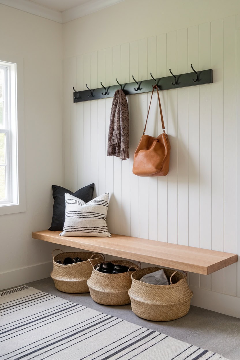 Scandinavian mudroom featuring a floating bench with pillows and storage baskets.