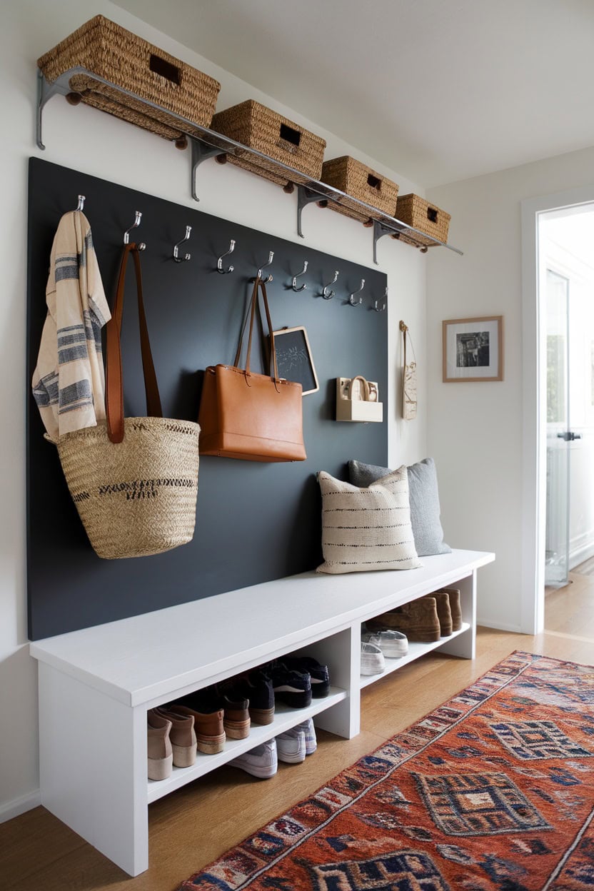 A tiny mudroom featuring magnetic wall panels with hooks, baskets, and a bench.