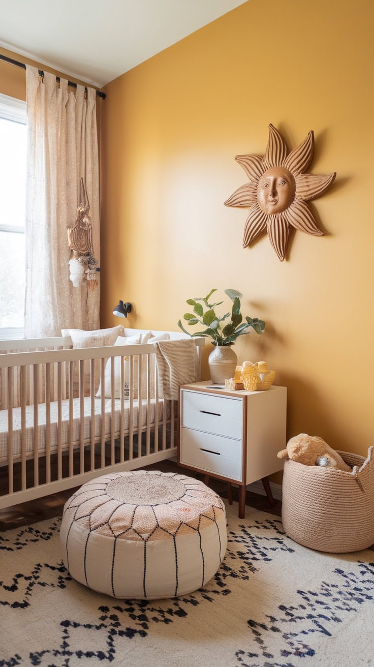 A cozy nursery with a crib, pouf, and warm decor.