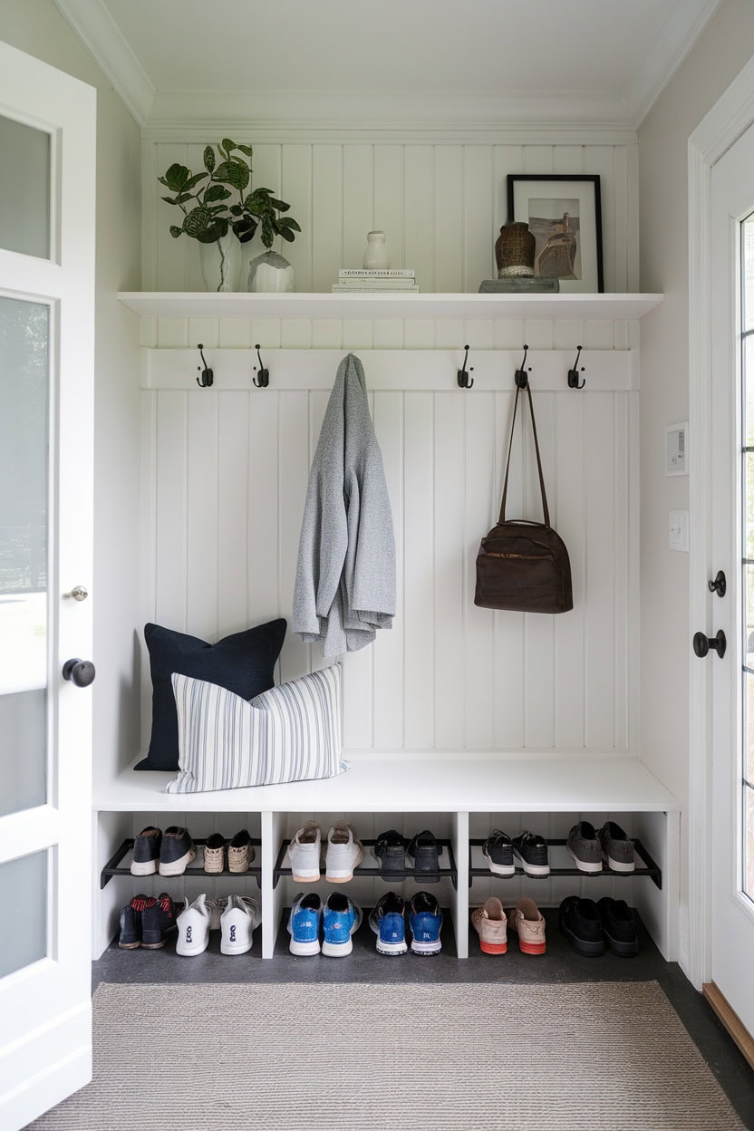 Mudroom entryway with floating shoe racks and hooks for jackets.