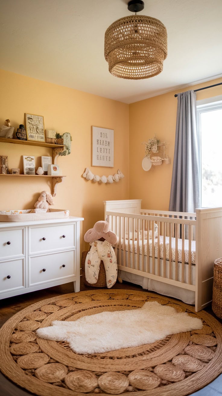 Cozy modern farmhouse nursery with pastel yellow walls, a crib, and natural decorations.