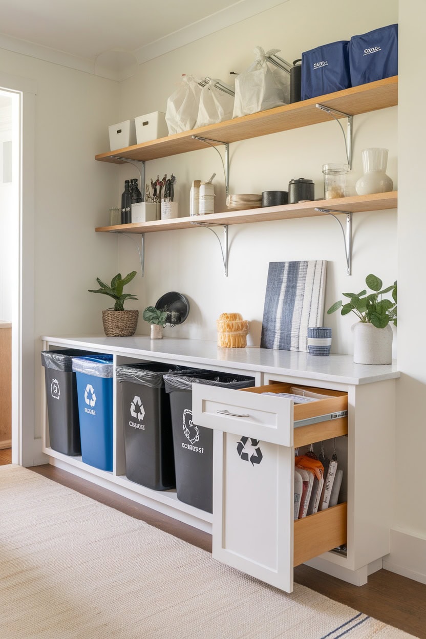 Mudroom cabinetry with a built-in recycling center featuring multiple bins and organizational shelves.