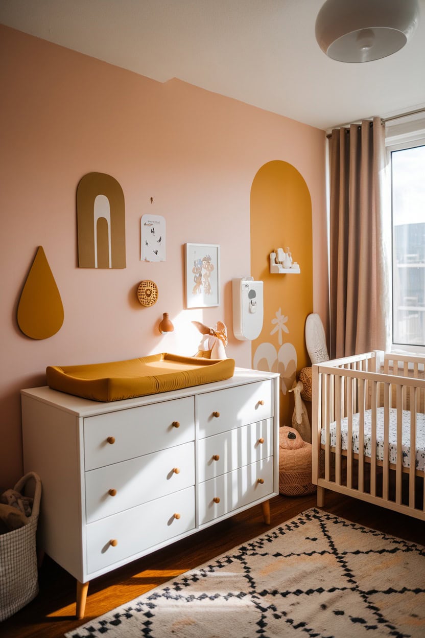 A cozy nursery featuring a mustard yellow changing table pad on a dresser, complemented by soft colors and decorative elements.