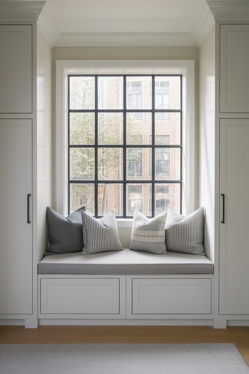 A Scandinavian mudroom featuring a window seat with decorative pillows.