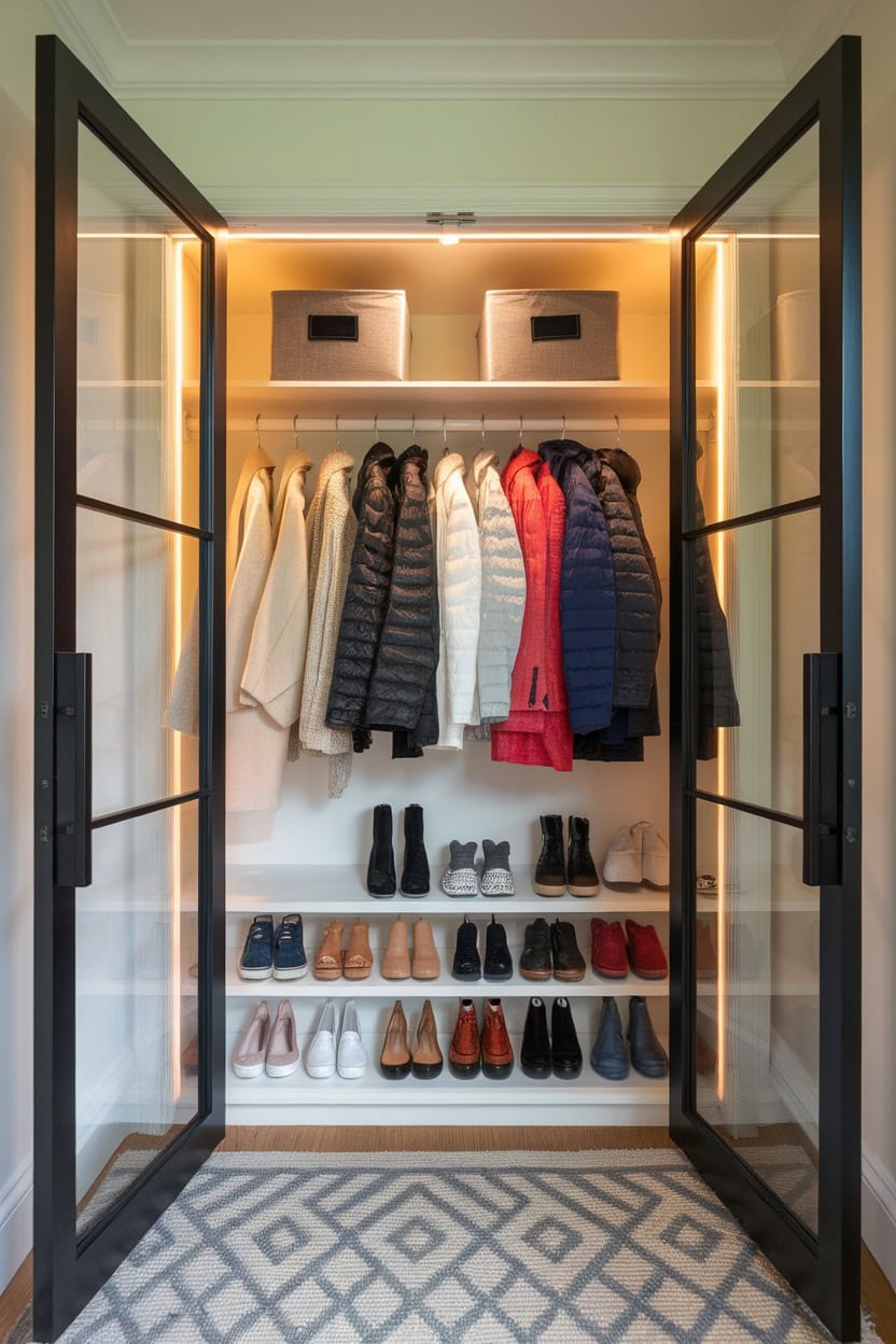 A well-organized glass door closet displaying coats and shoes in a tiny mudroom.