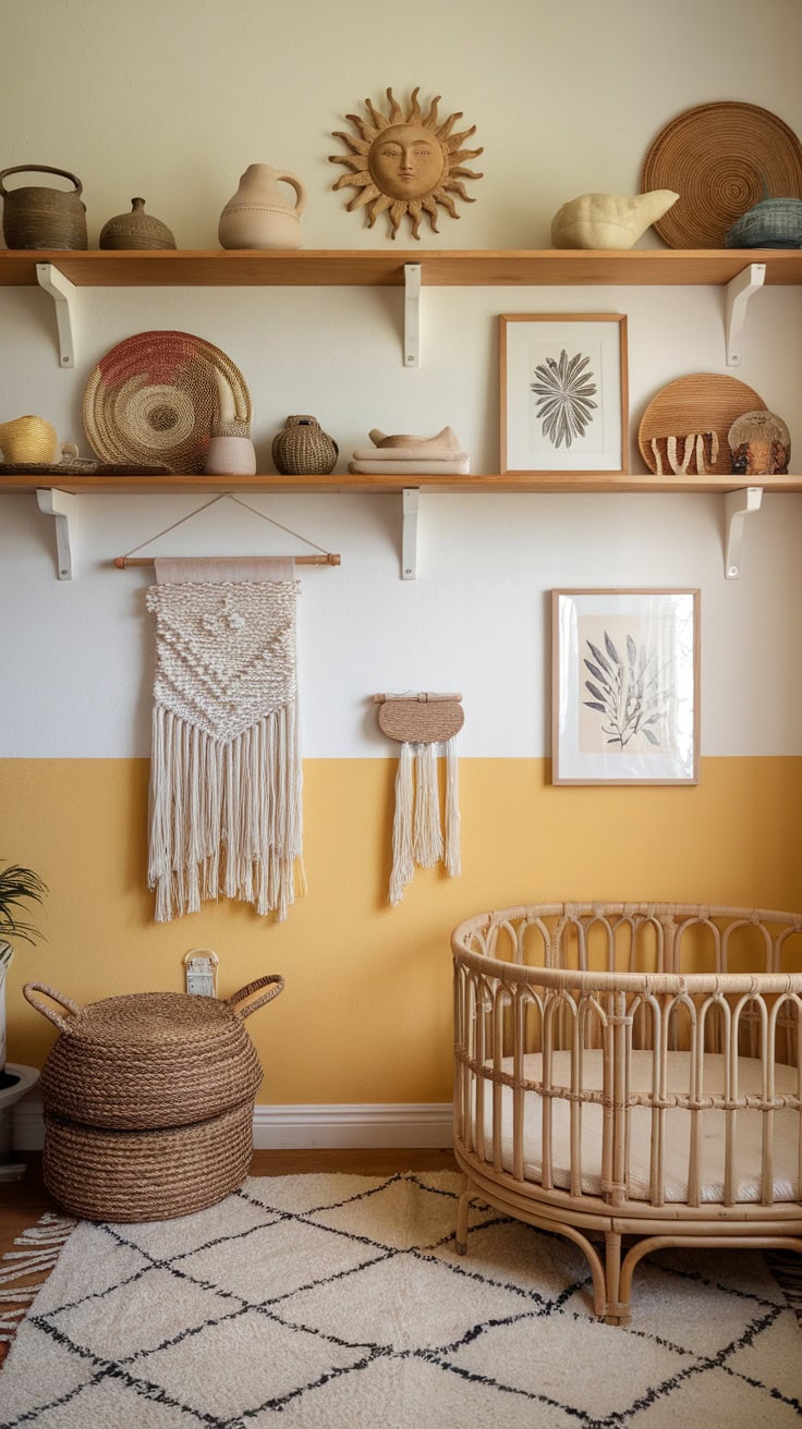 Boho nursery with shelves displaying sun-themed decor, including pottery and wall hangings.