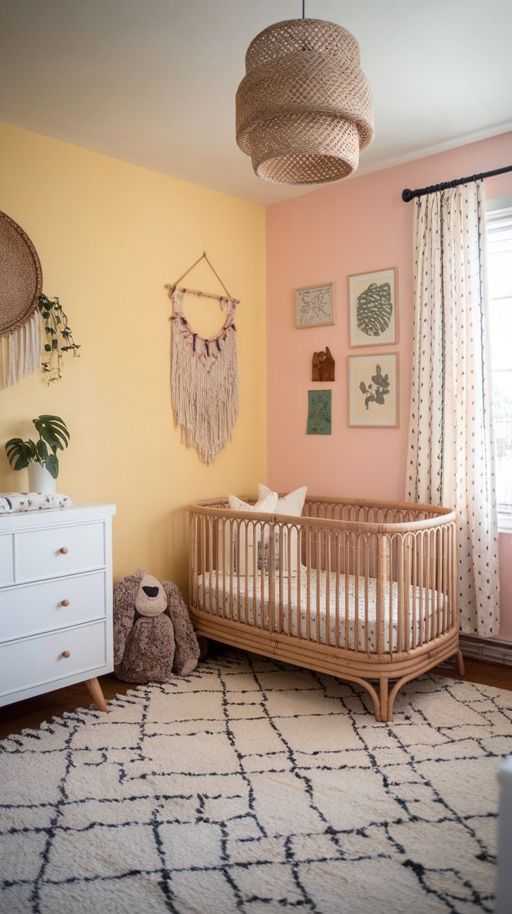 A cozy pastel yellow nursery featuring a crib, playful decor, and natural textures.